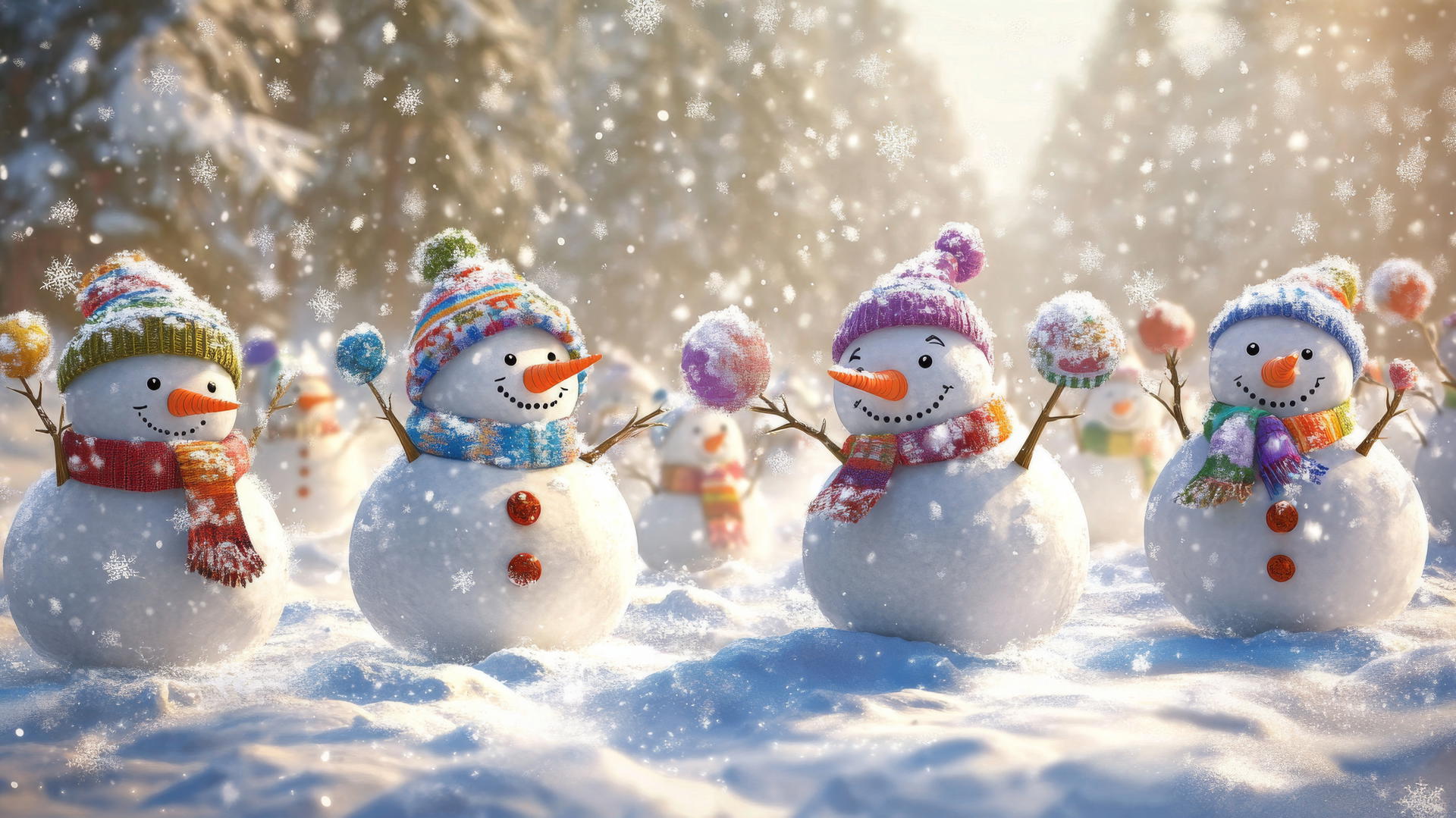 cute winter wallpaper with tiny snowmen having a snowball fight