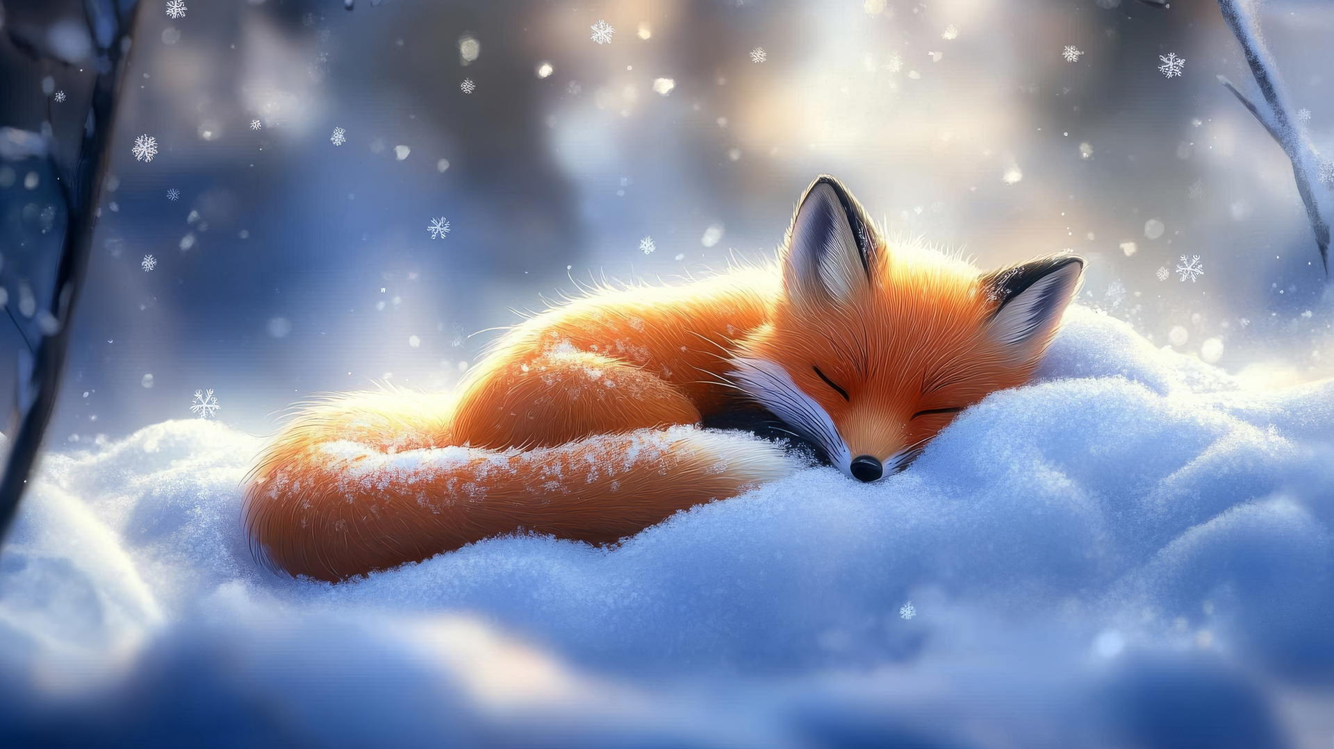 cute winter wallpaper of an adorable fox curled in a snowy nest