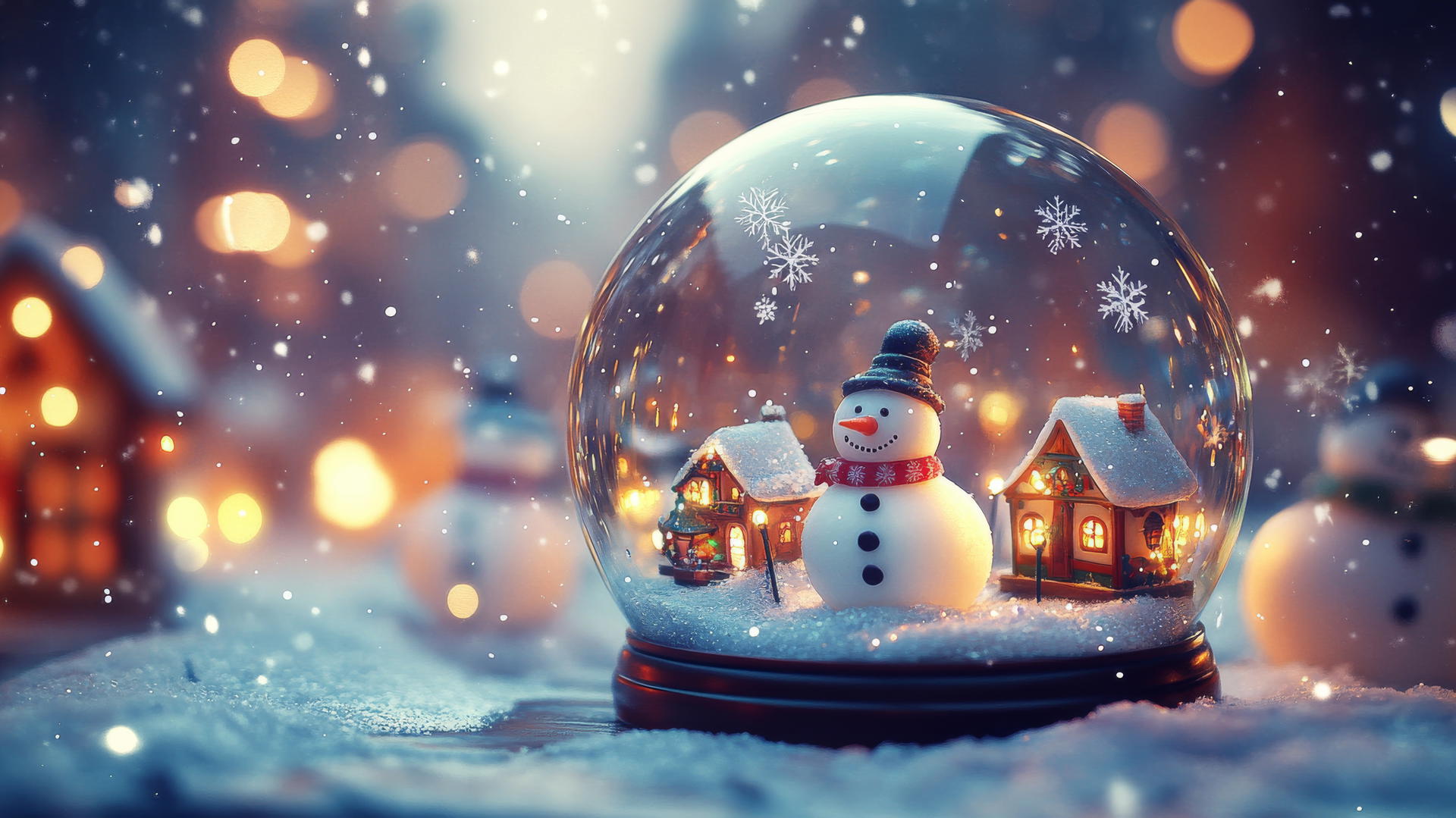 Cute winter wallpaper with kawaii snow globe of a tiny winter village