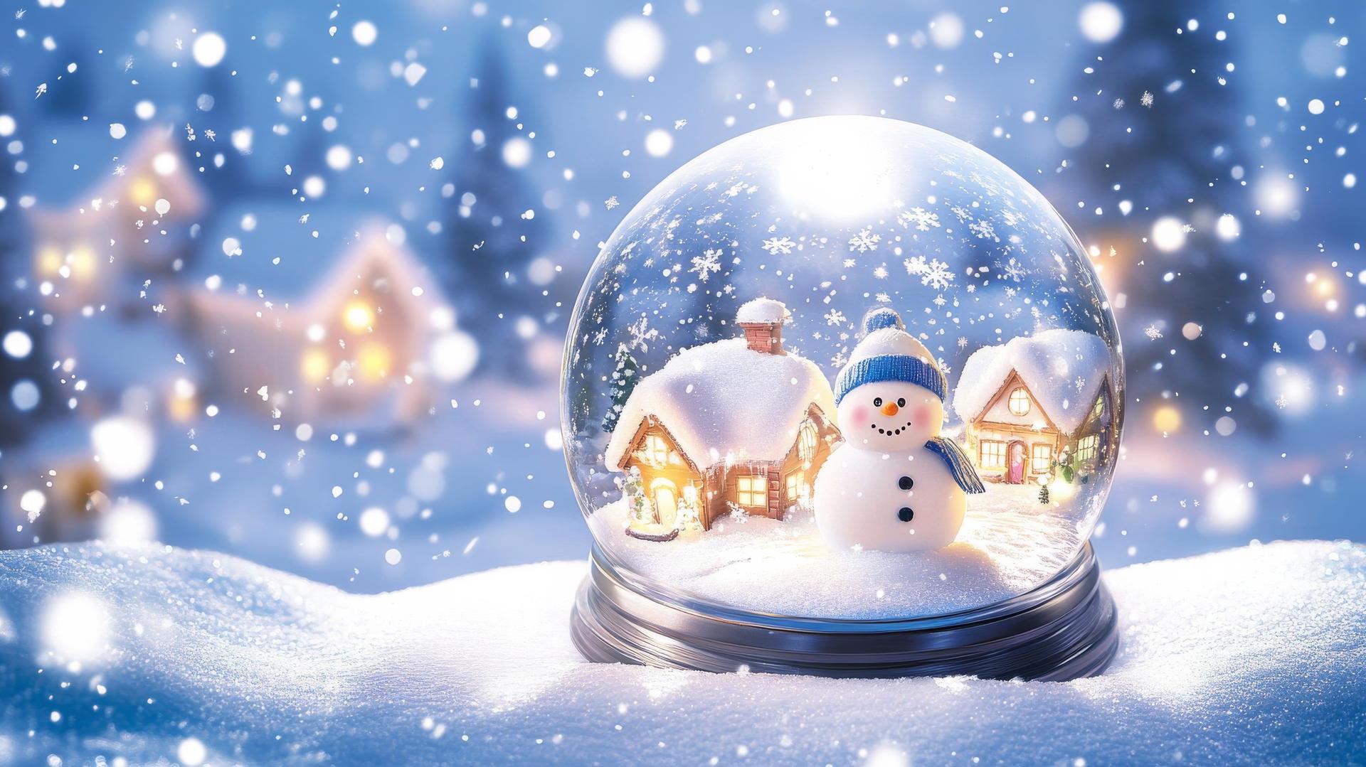 Cute winter wallpaper with a kawaii-style snow globe featuring a tiny village, snowmen, and twinkling lights.