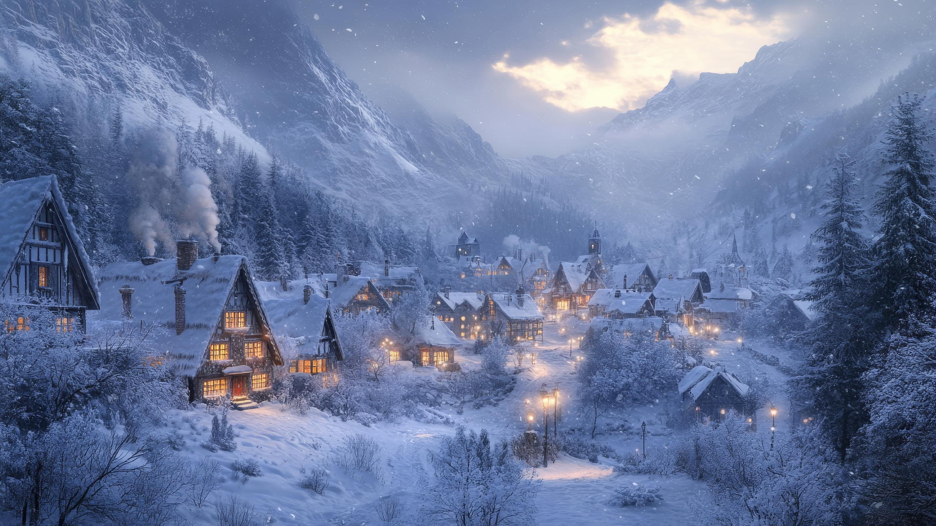 winter wonderland wallpaper of a peaceful village in a snow-covered valley with glowing streetlights