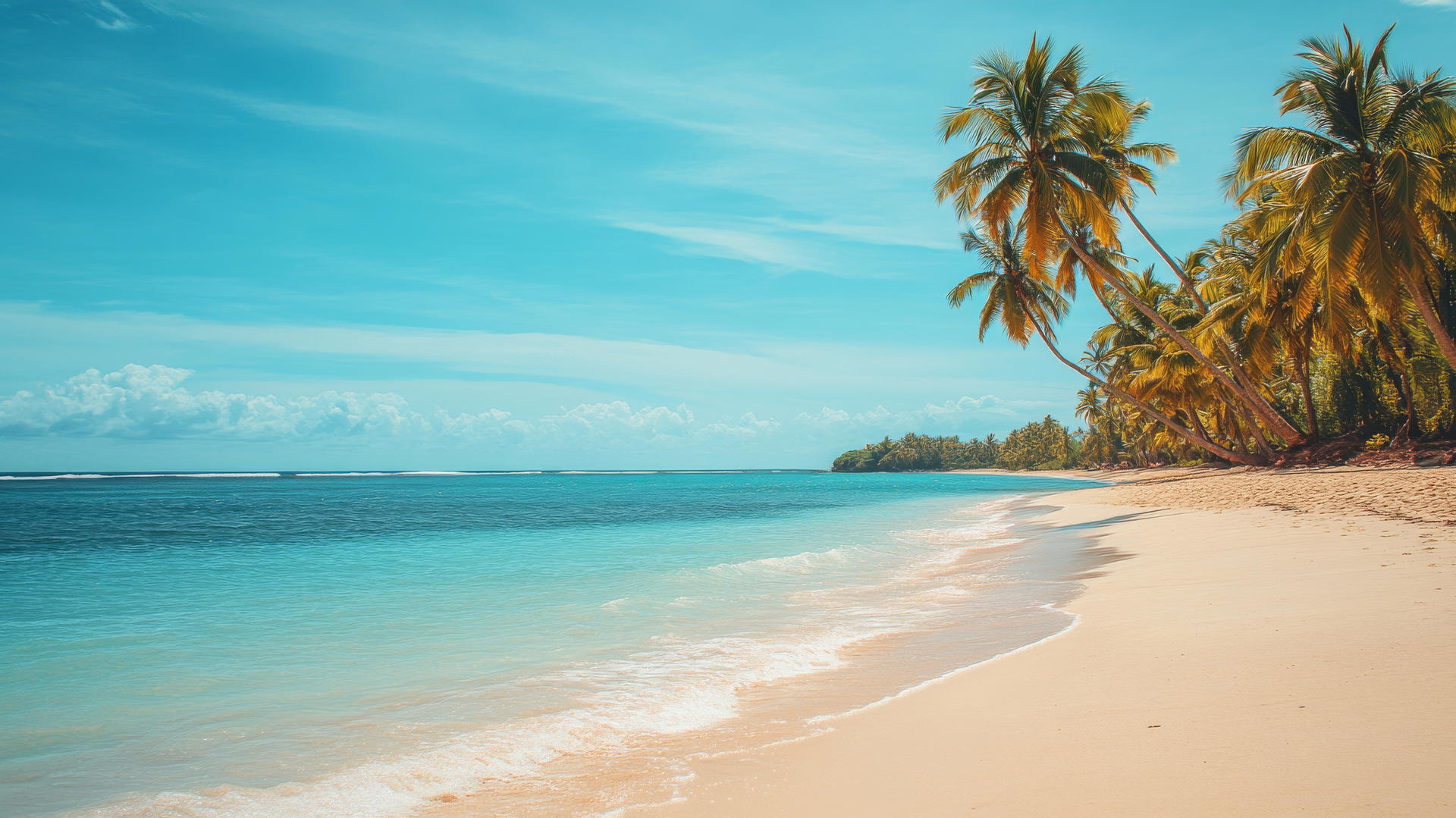wallpaper beach with golden sand, clear water, and palm trees under a blue sky