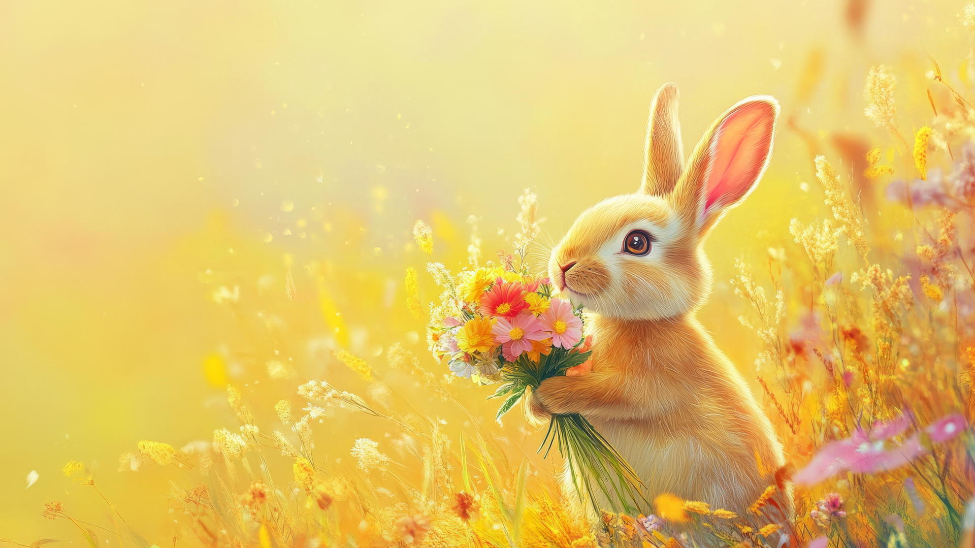 cute spring wallpaper of bunny holding flowers in colorful meadow