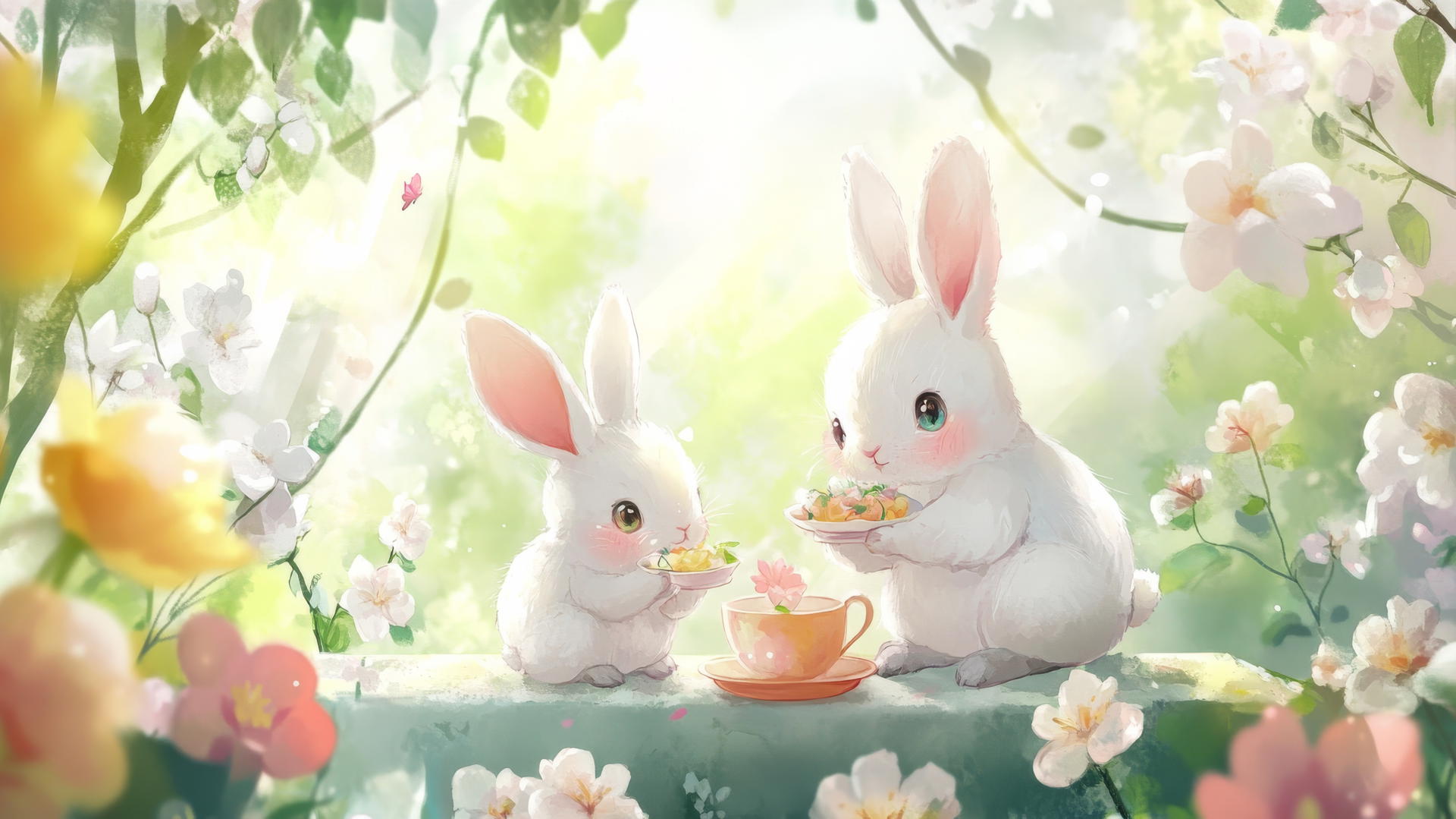 cute spring wallpaper with a pastel-colored bunny family having a tea party in a blooming garden