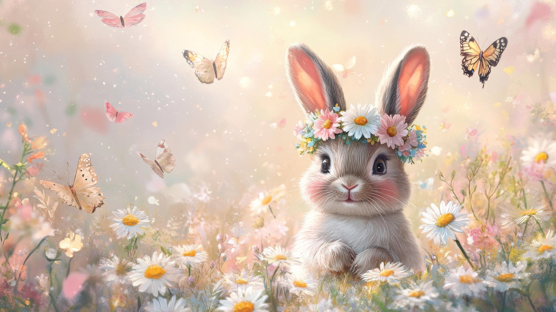 cute spring wallpaper with baby bunny, flower crown, pastel daisies, and butterflies