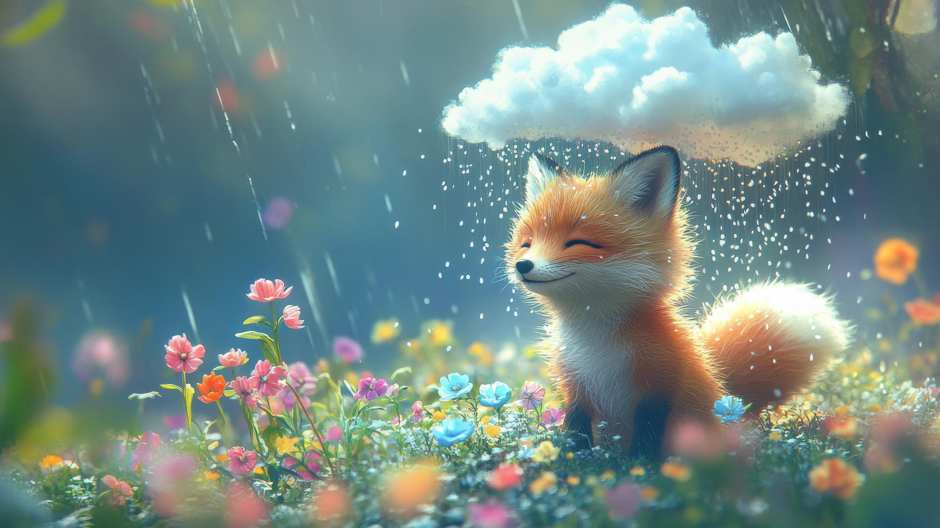 cute spring wallpaper with a fluffy cloud raining colorful flowers over a baby fox