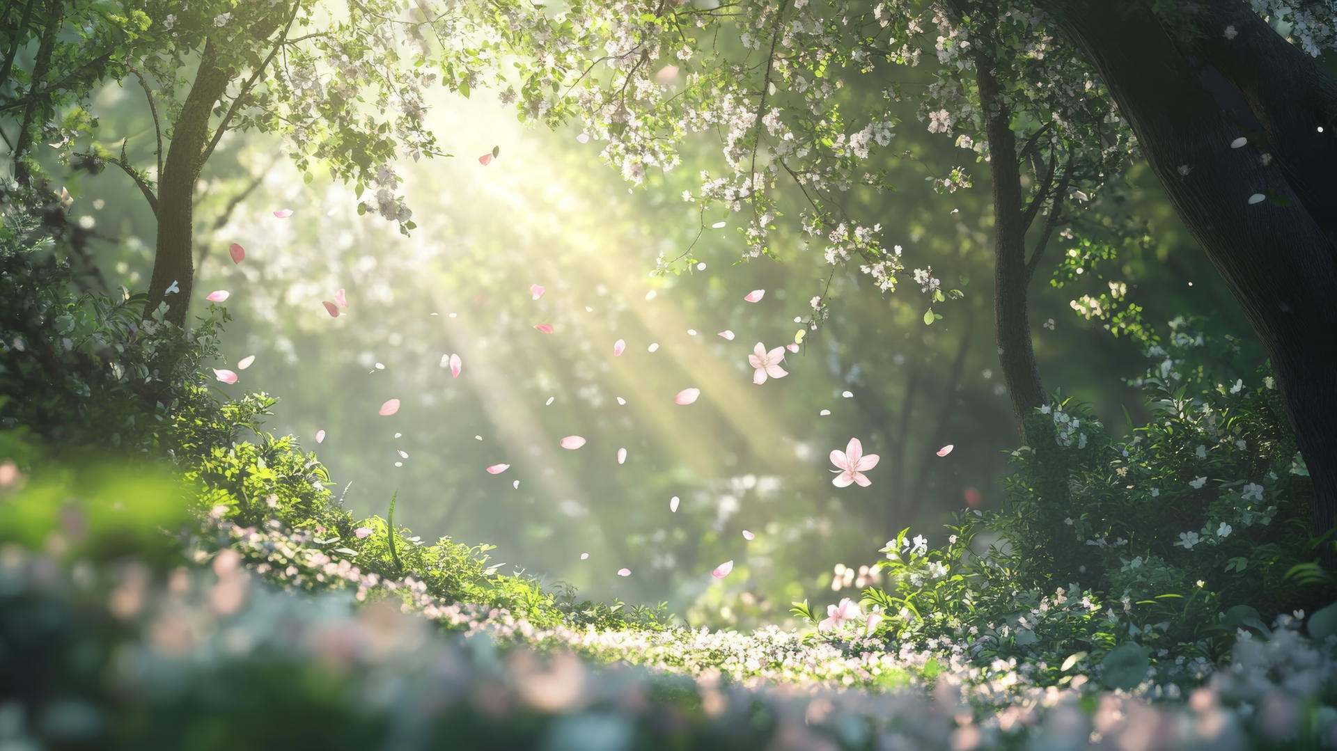 spring aesthetic wallpaper, forest clearing with sunlight and floating petals