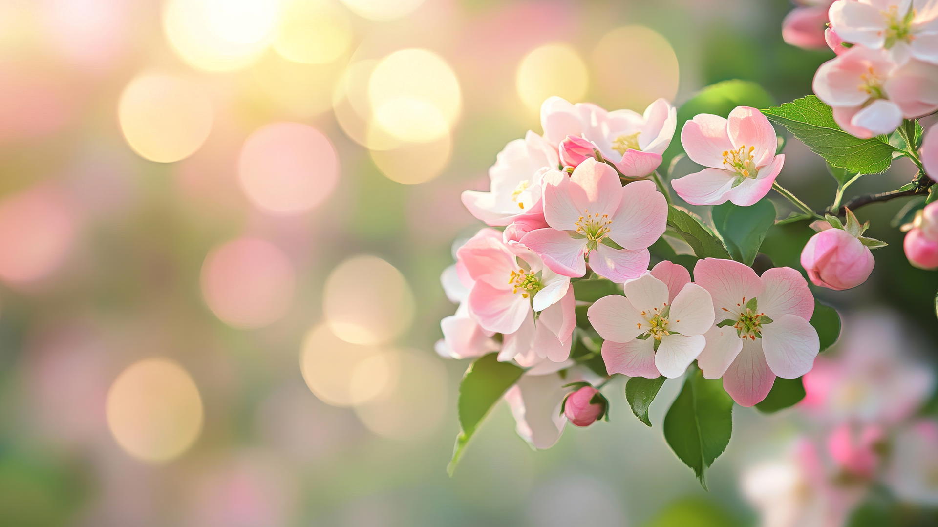 spring aesthetic wallpaper with pink and white flowers and green leaves