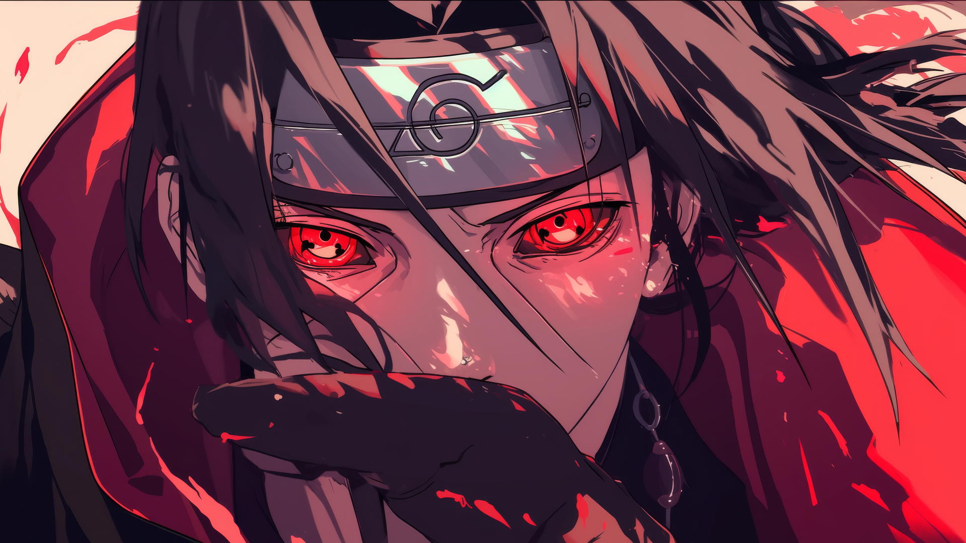 Itachi Uchiha with intense gaze and Sharingan, face half-covered in shadow