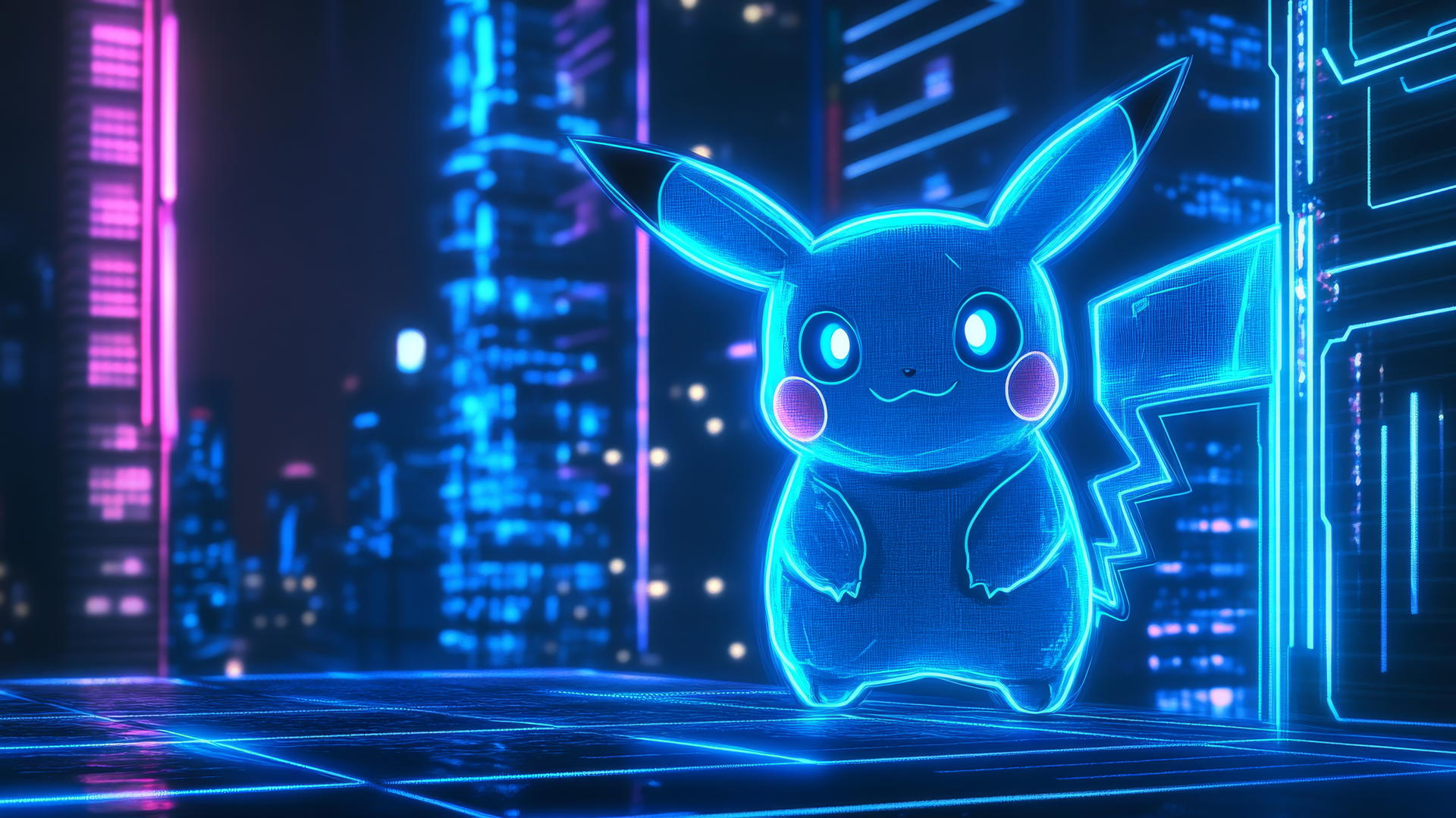 Minimalist Pikachu in neon city with electric blue lines