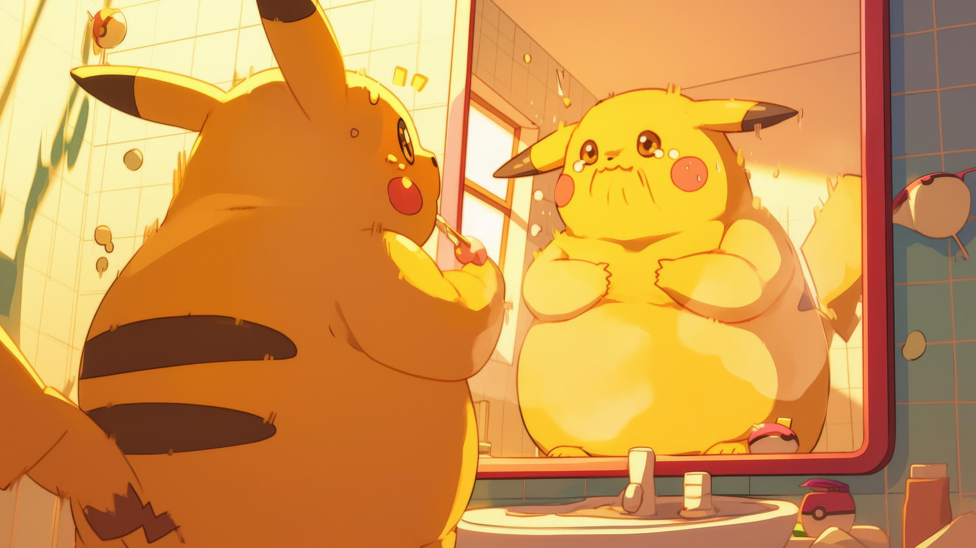 Fat Pikachu looking surprised at own reflection with oversized belly