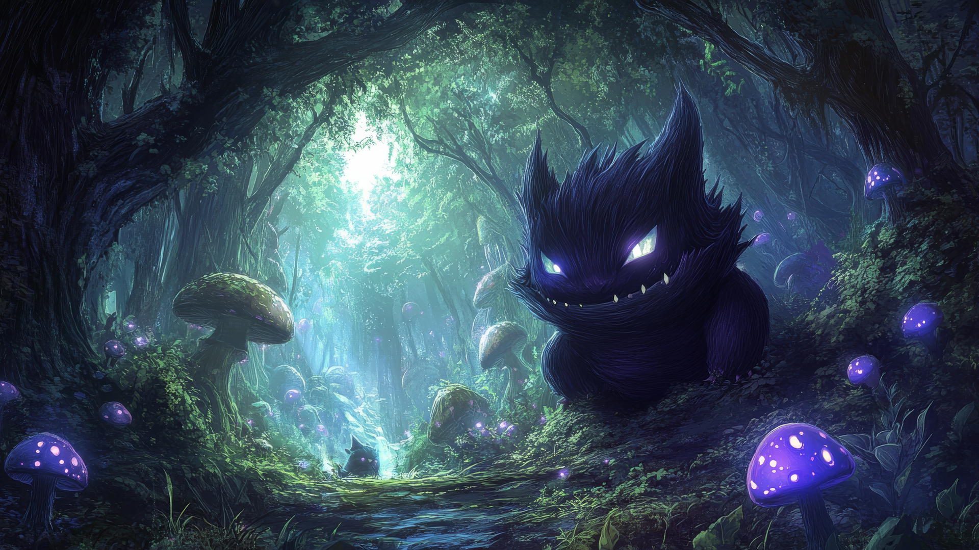 Gengar Pokemon in a lush mystical forest with glowing mushrooms and ethereal light