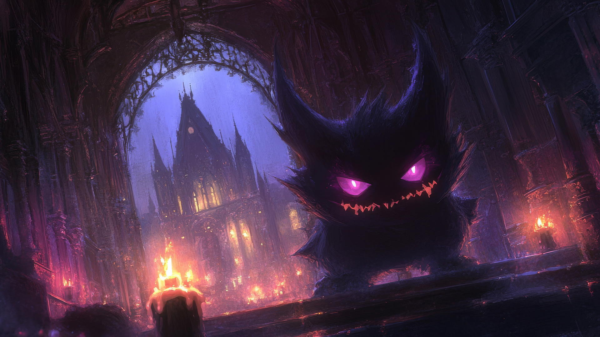 Gengar Pokemon as a gothic painting with dark architecture, candlelight flickering