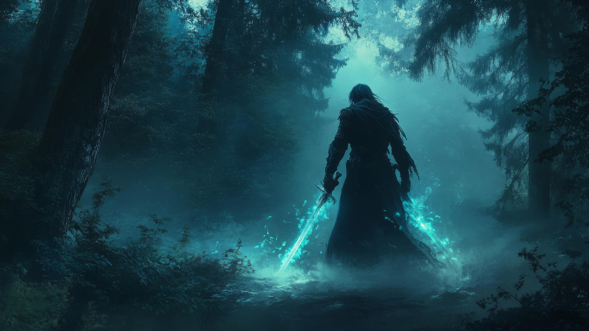 cool wallpapers for boys, dark moody forest with mysterious warrior holding glowing sword, mist rising
