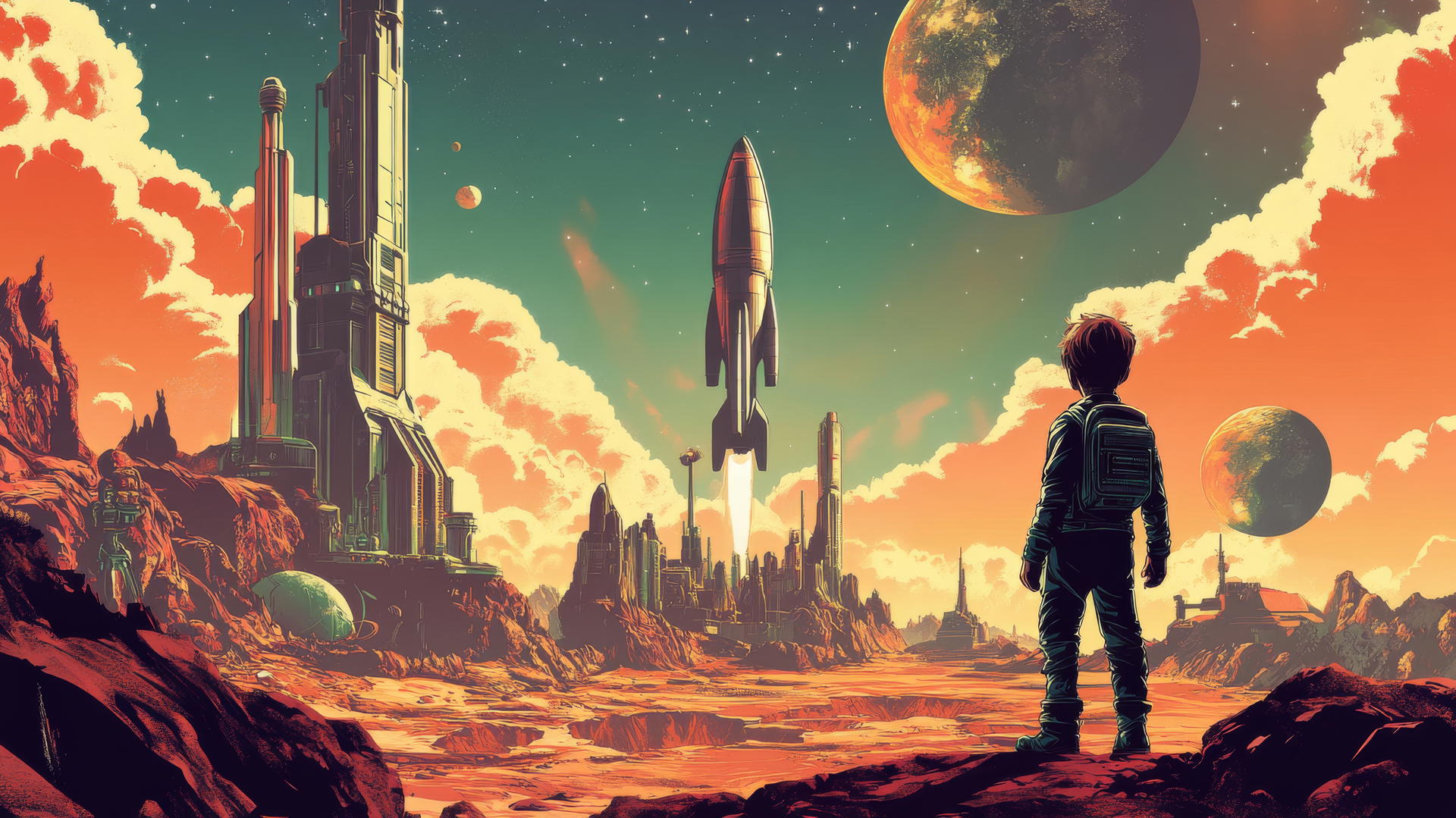 cool wallpaper for boys: boy in a space suit on a planet with rocketship and alien structures