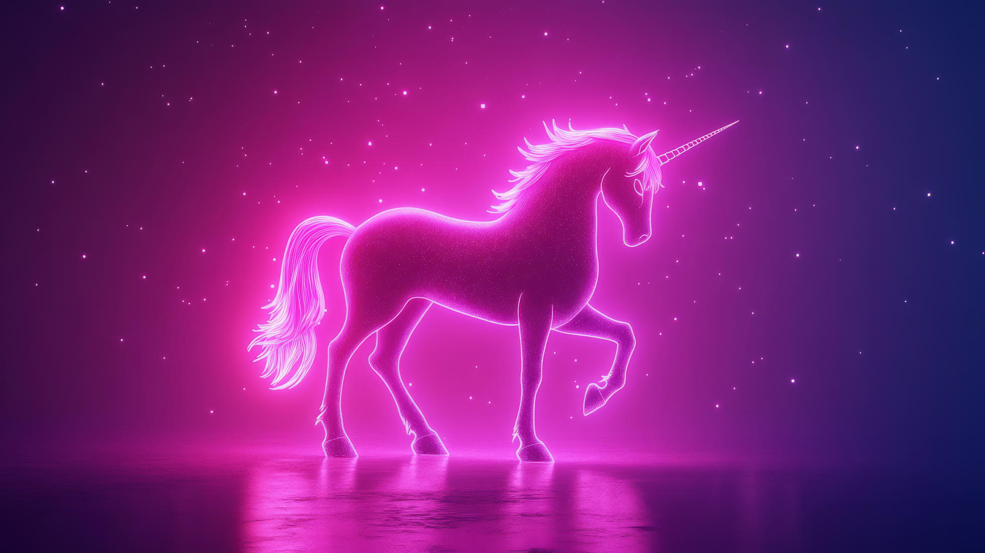 Neon-outlined glowing unicorn silhouette on pastel background with stars.