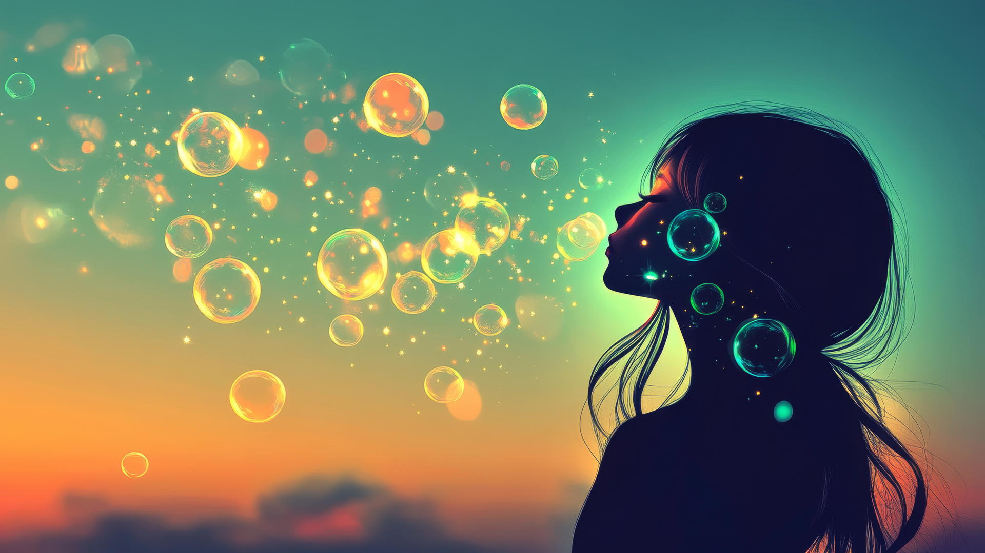 Glowing silhouette of a girl blowing bubbles against a gradient sky