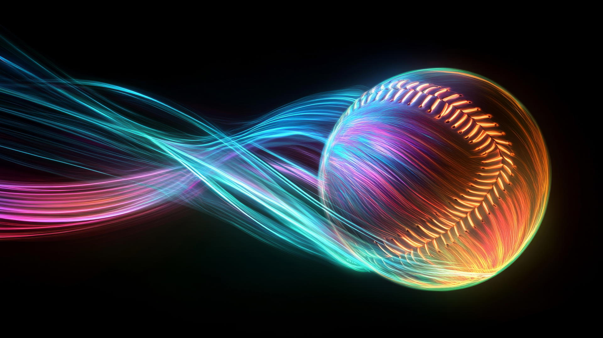 Glowing baseball mid-spin with neon trails on black background