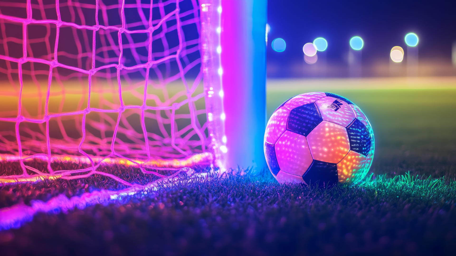 Glowing soccer ball in goal with neon reflections on dark background