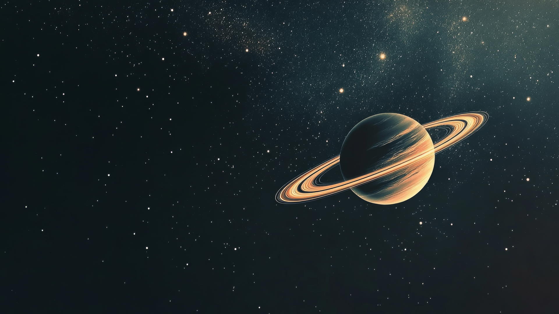 Glowing planet with rings illuminated in dark starry background