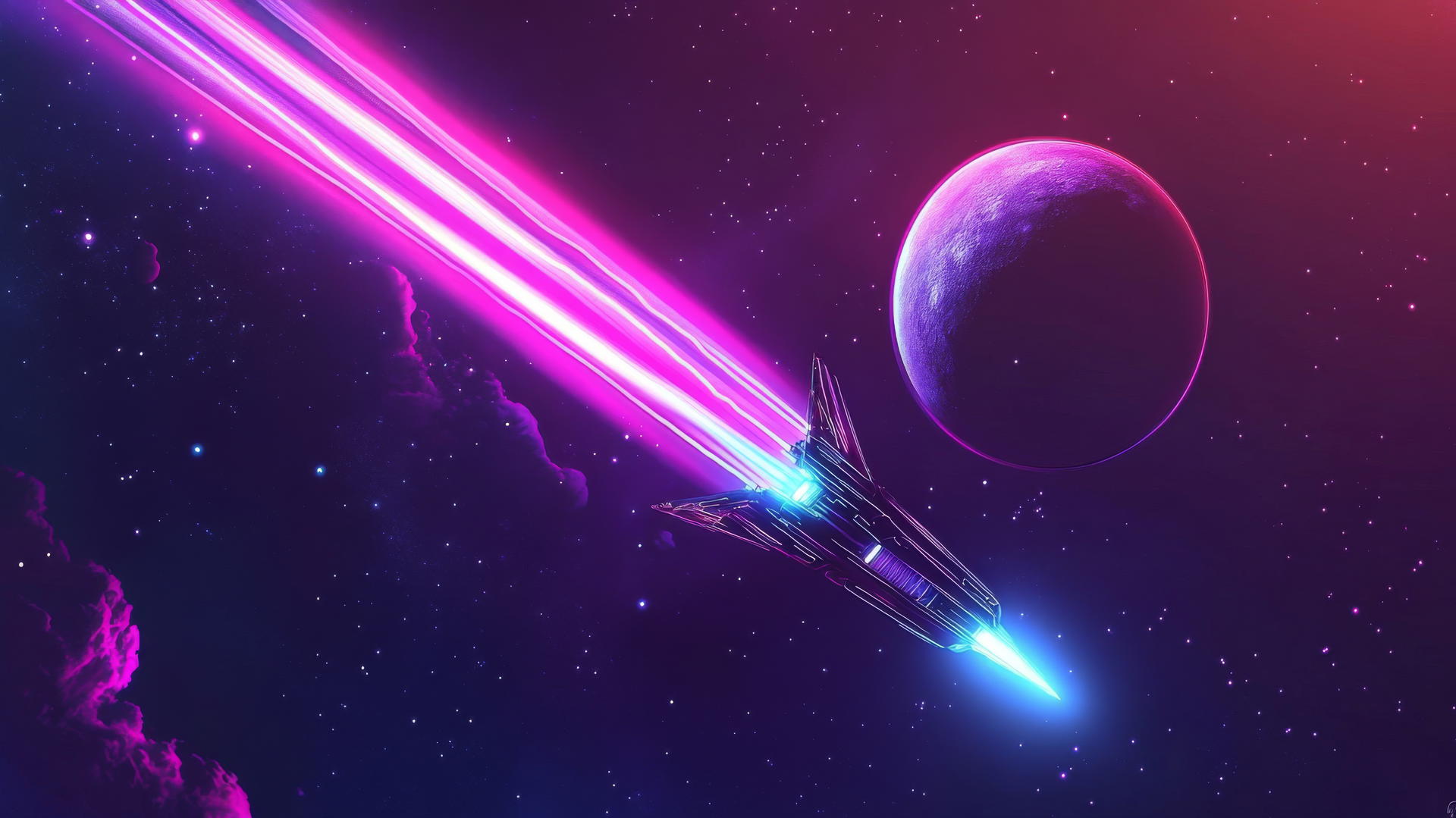 Glowing spaceship flying toward a planet with neon light trails in space