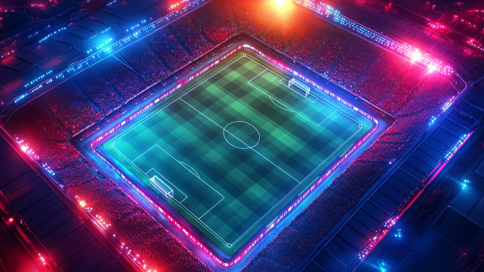 Geometric rendering of a soccer stadium with glowing pitch lines and neon-lit crowd