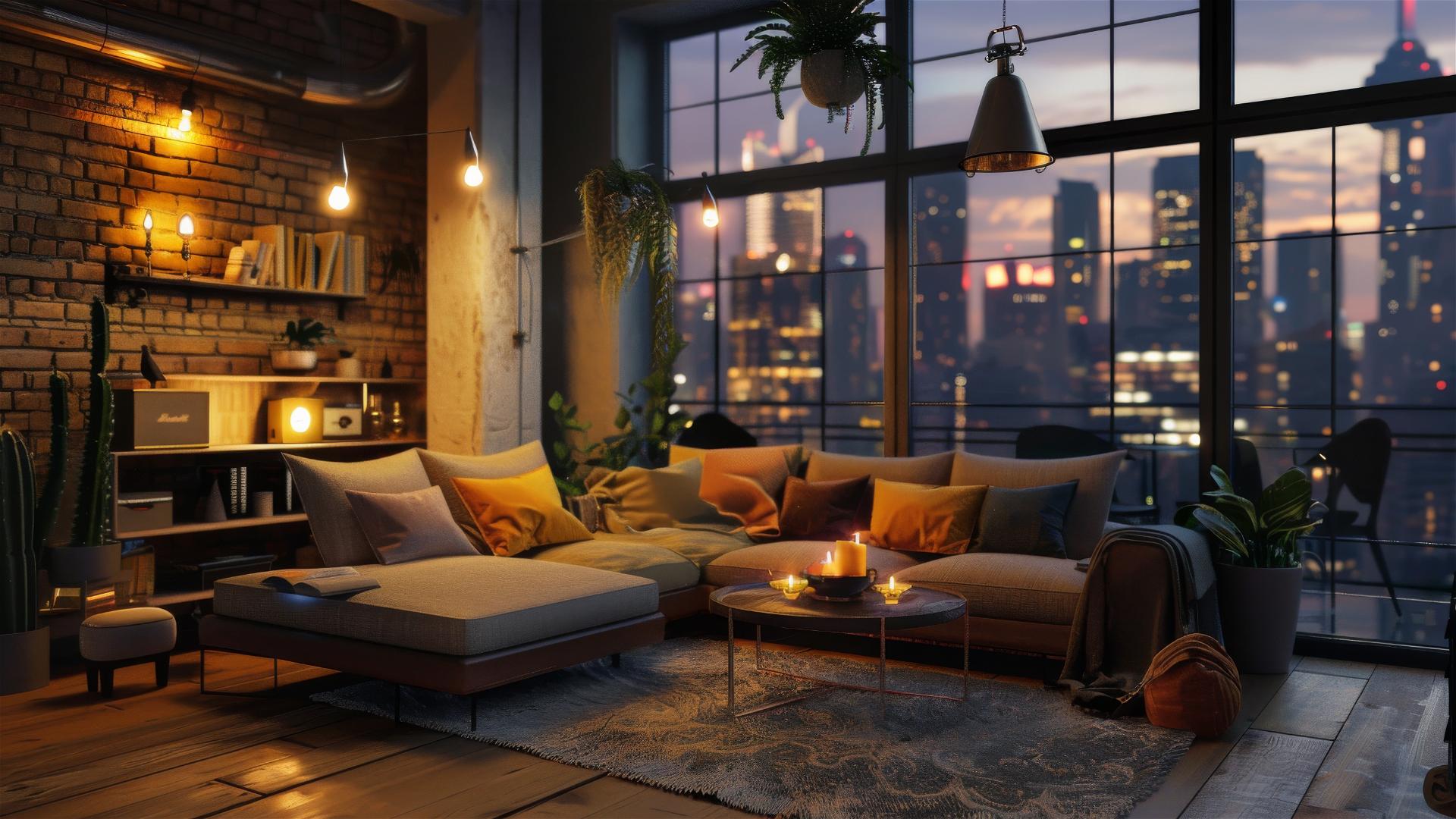 Cozy living room, dim lights, city view through window