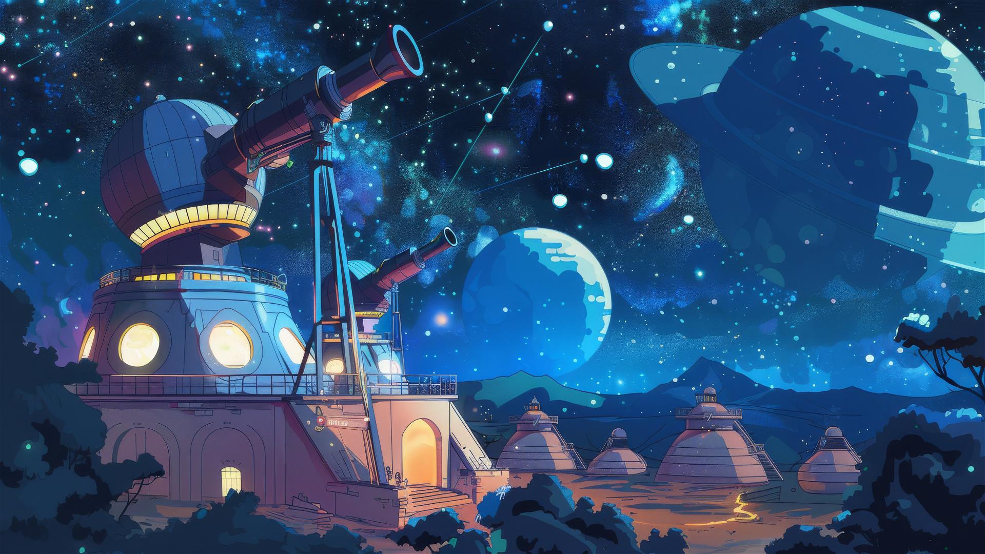 Fantastical observatory with telescopes viewing starry skies and other dimensions, inspired by Studio Ghibli.