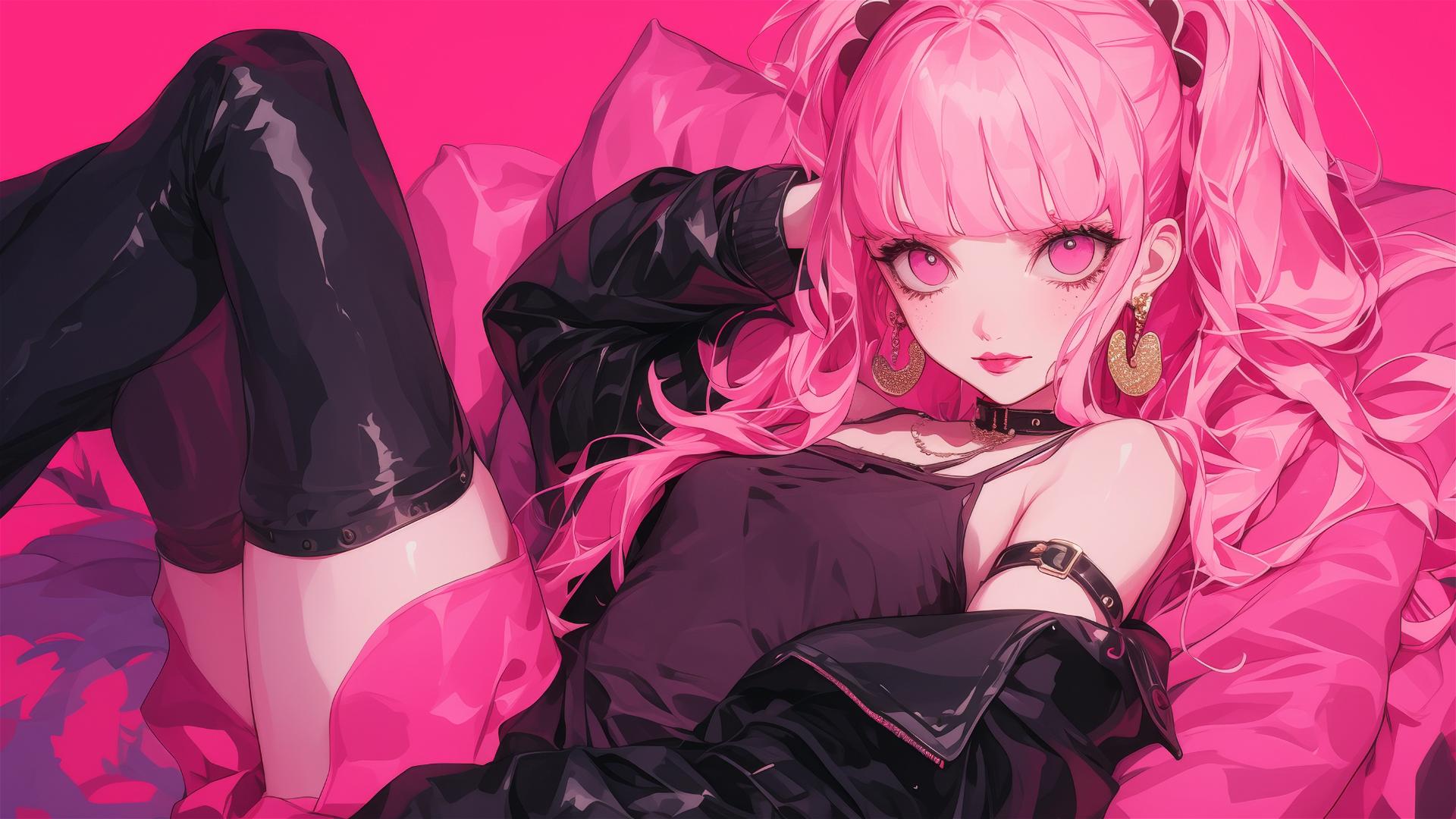 Perona from One Piece in black and pink leather on a bed, neon pink background.