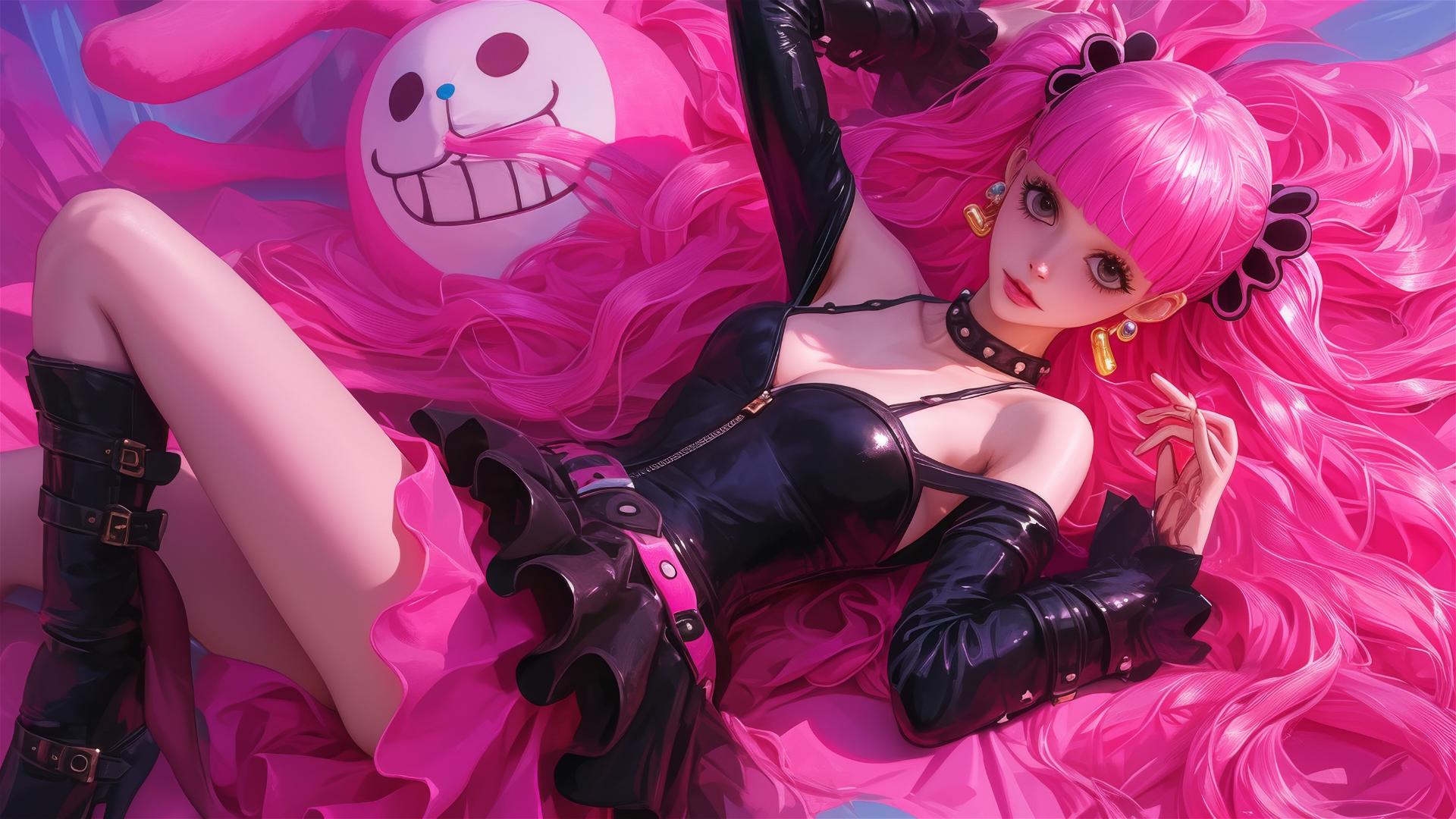 Perona from One Piece in black and pink leather on a bed, neon pink light, gold earrings.