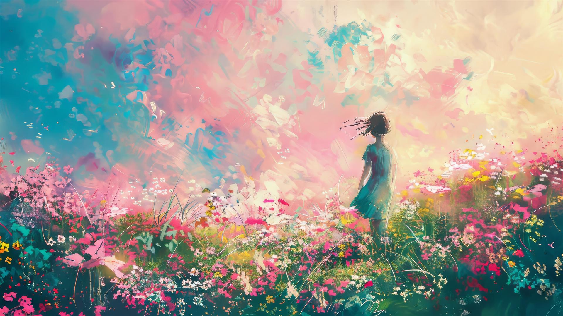 Girl walking among flowers under a pink-blue sky in Van Gogh style