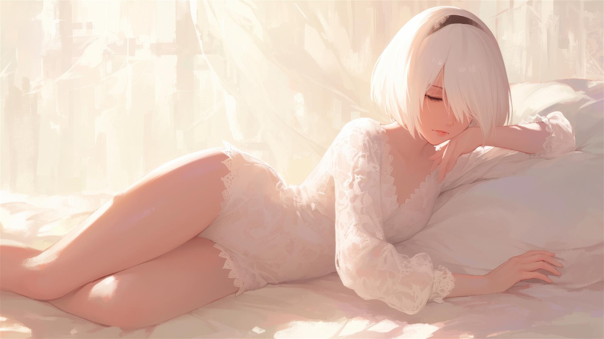 2B from Nier in white silk pajamas resting at sunrise.