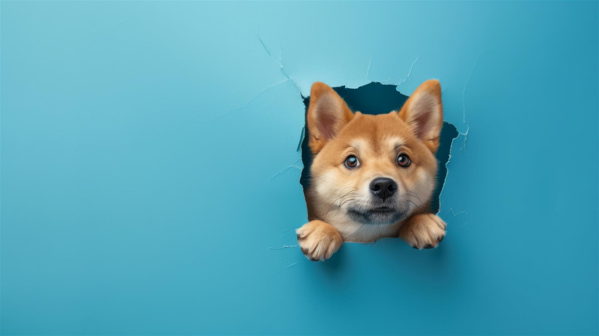 Akita dog peeking through a hole in sky blue paper