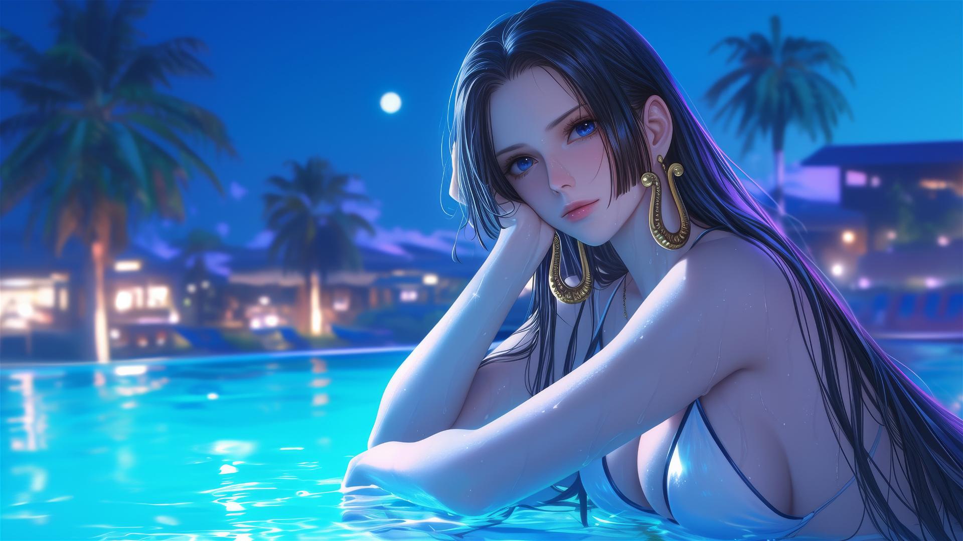Boa Hancock from One Piece resting by pool under moonlight