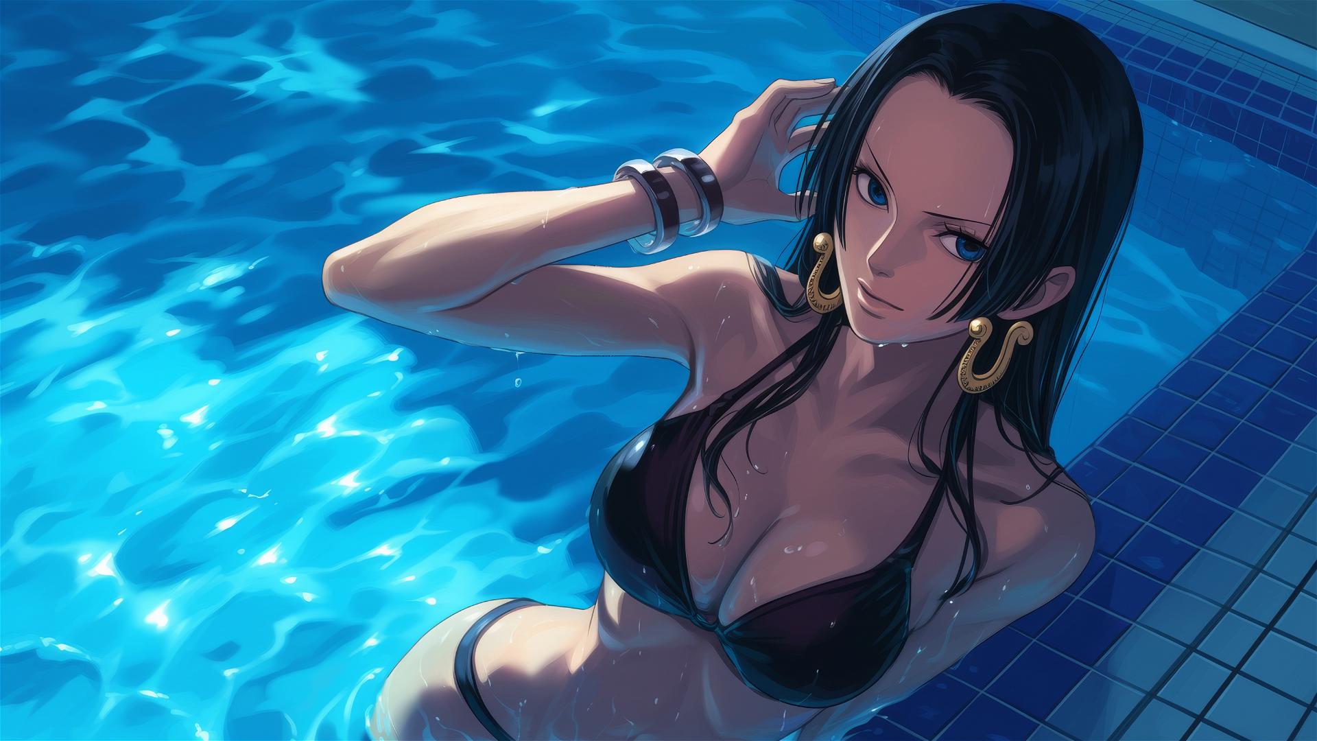 Boa Hancock from One Piece standing in a pool under moonlight