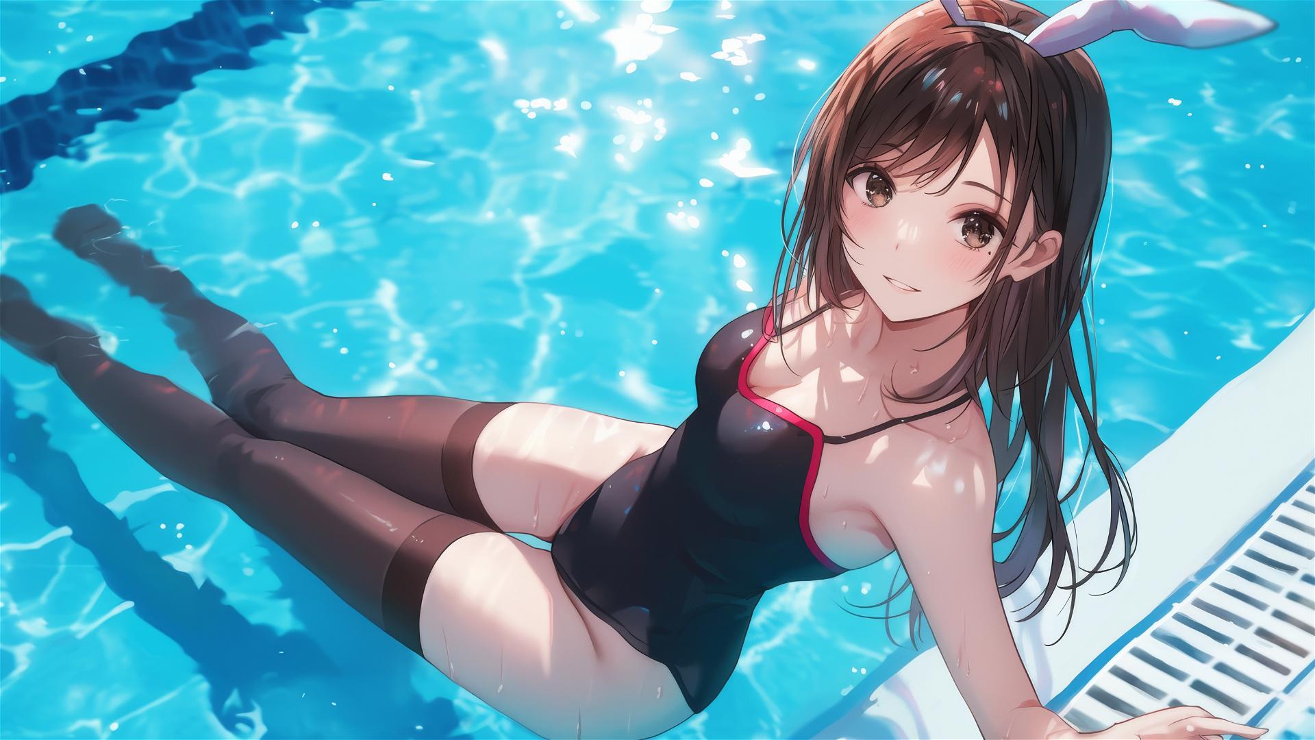 Mizuhara Chizuru from To Rent A Girlfriend by the pool under moonlight