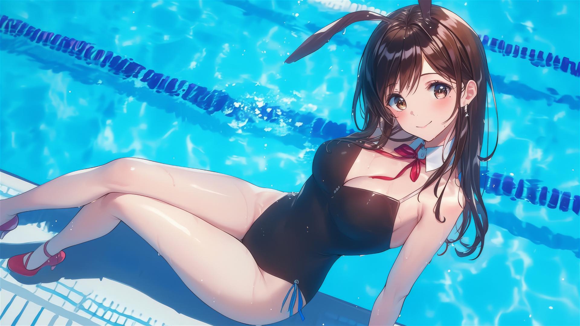 Mizuhara Chizuru resting by pool under moon light