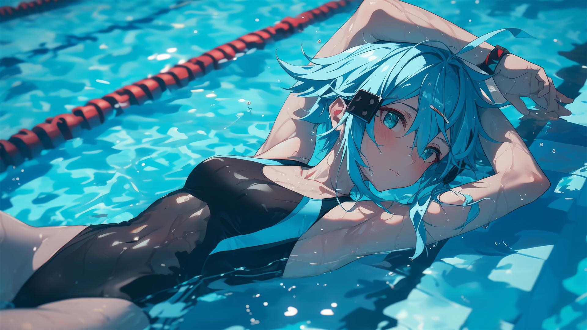 Sinon from SAO standing in pool under moonlight