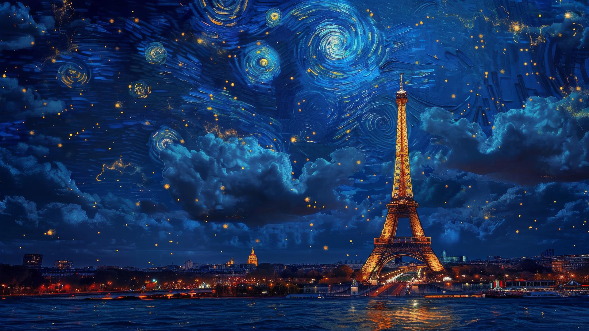 Realistic Eiffel Tower against a full van Gogh-style starry sky at night with no clouds