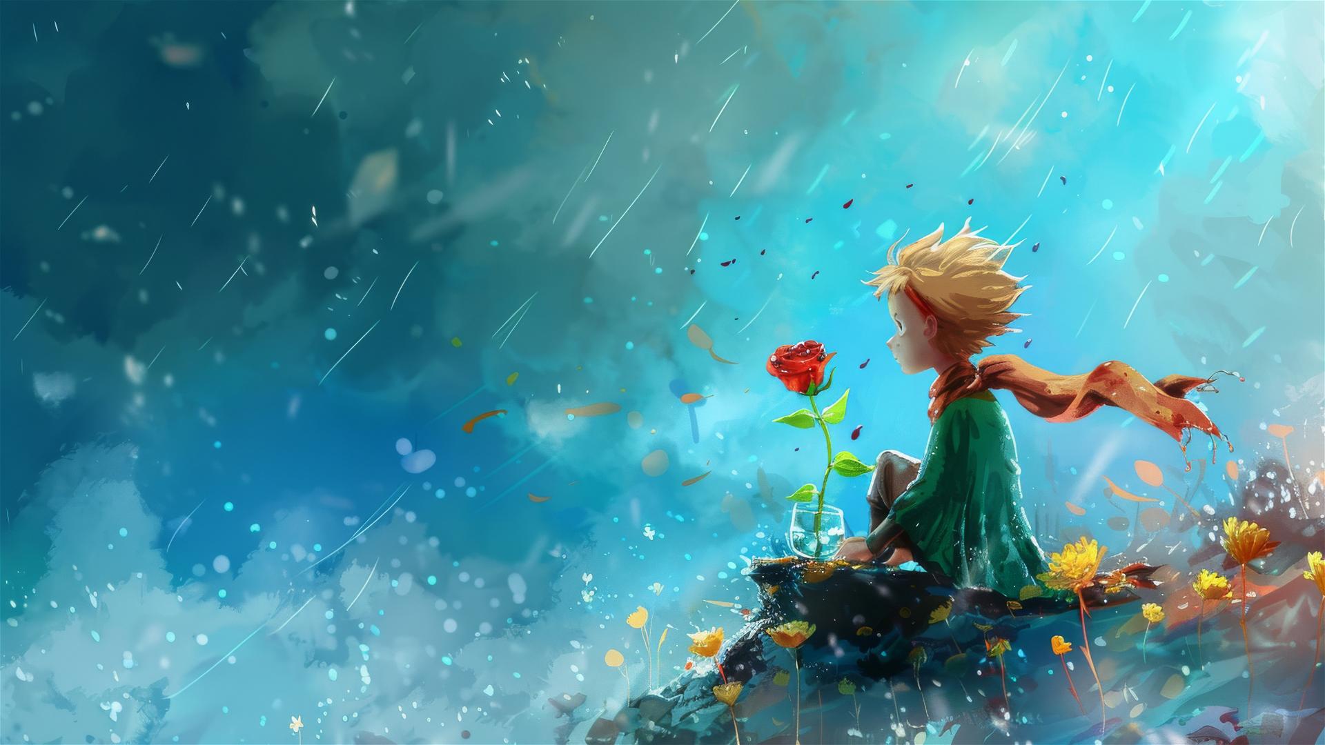 The Little Prince sits on his planet beside a rose in a glass, looks at the rainy blue sky, his scarf blown by the wind, in a naive, abstract, simple and wild watercolor painting with no technical precision.