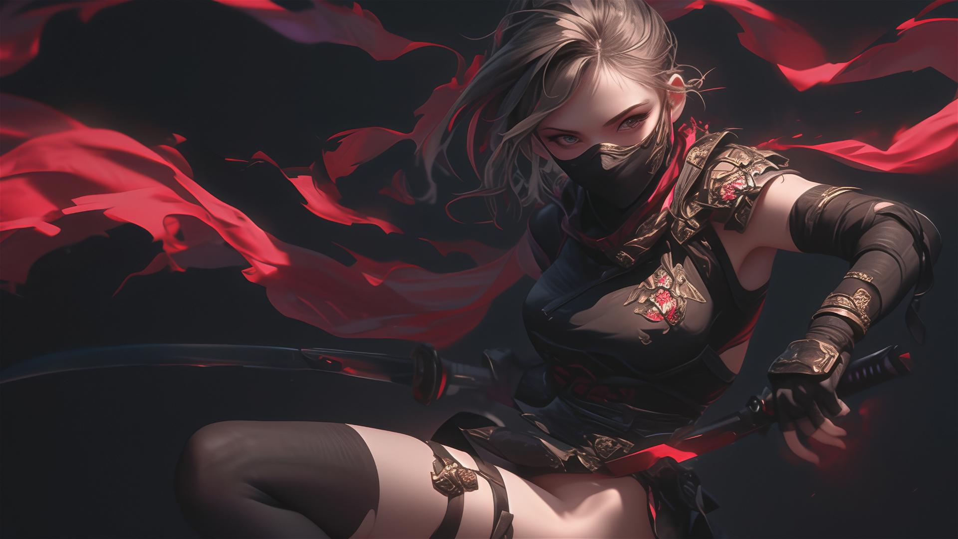 Ninja girl with short hair in dynamic pose focusing on thigh