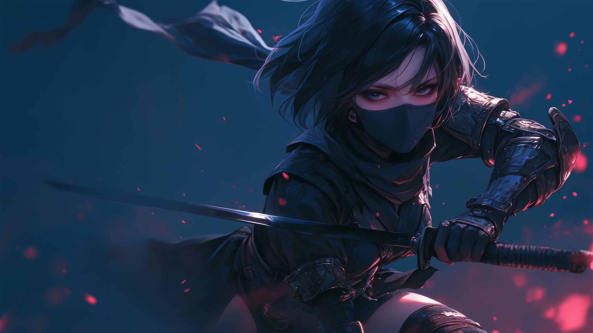 Ninja girl with short hair and masked face in dynamic pose with thigh focus under spotlight