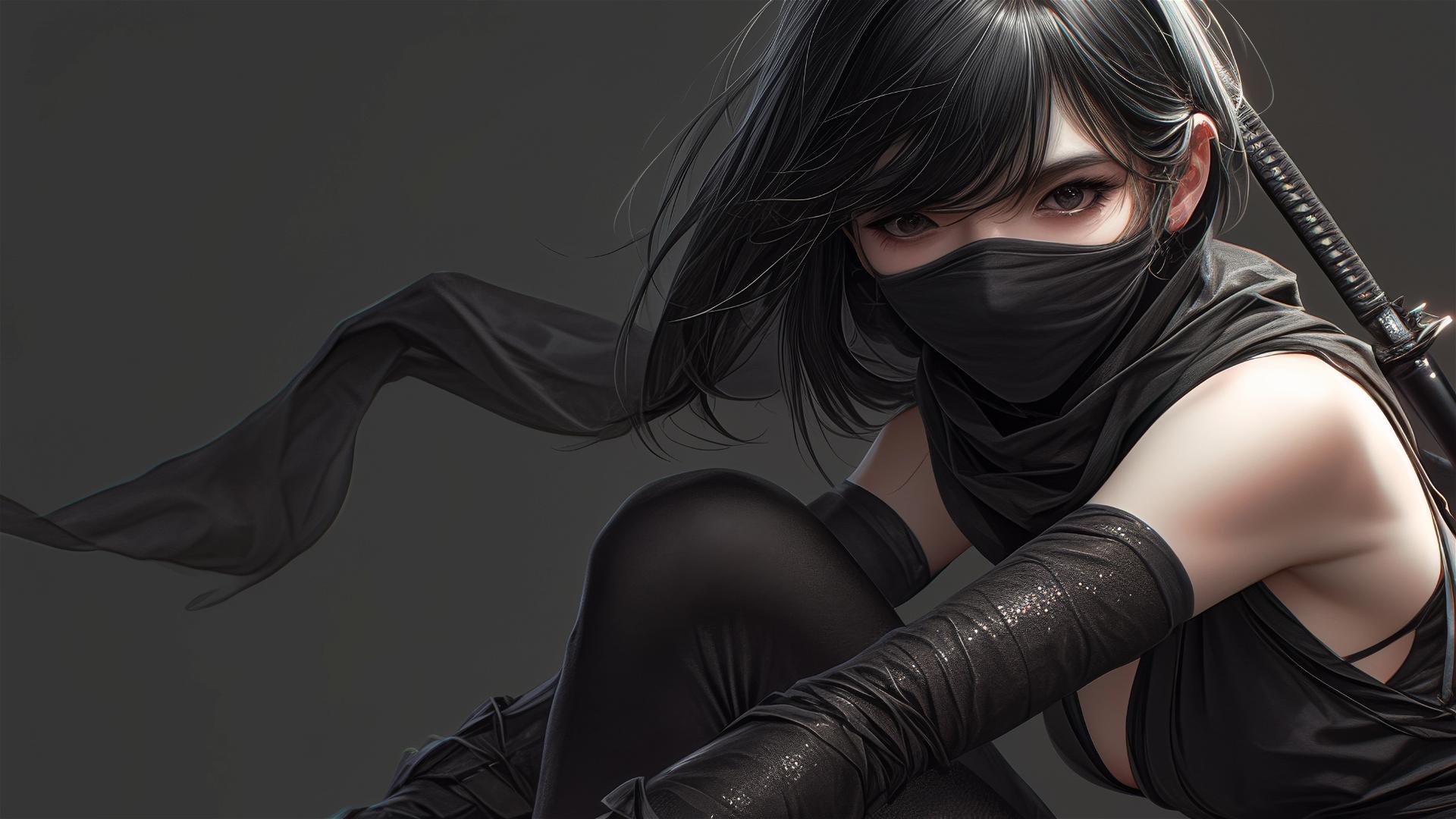 Ninja girl with masked face and thigh focus in dynamic pose under spotlight