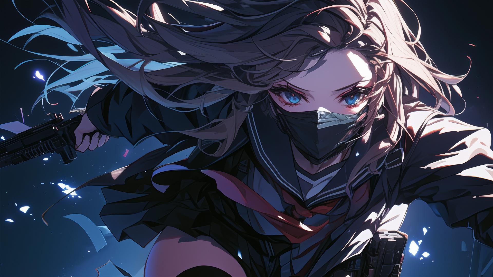 Tactical school girl in dynamic pose with thigh focus, dark background, and spotlight effect