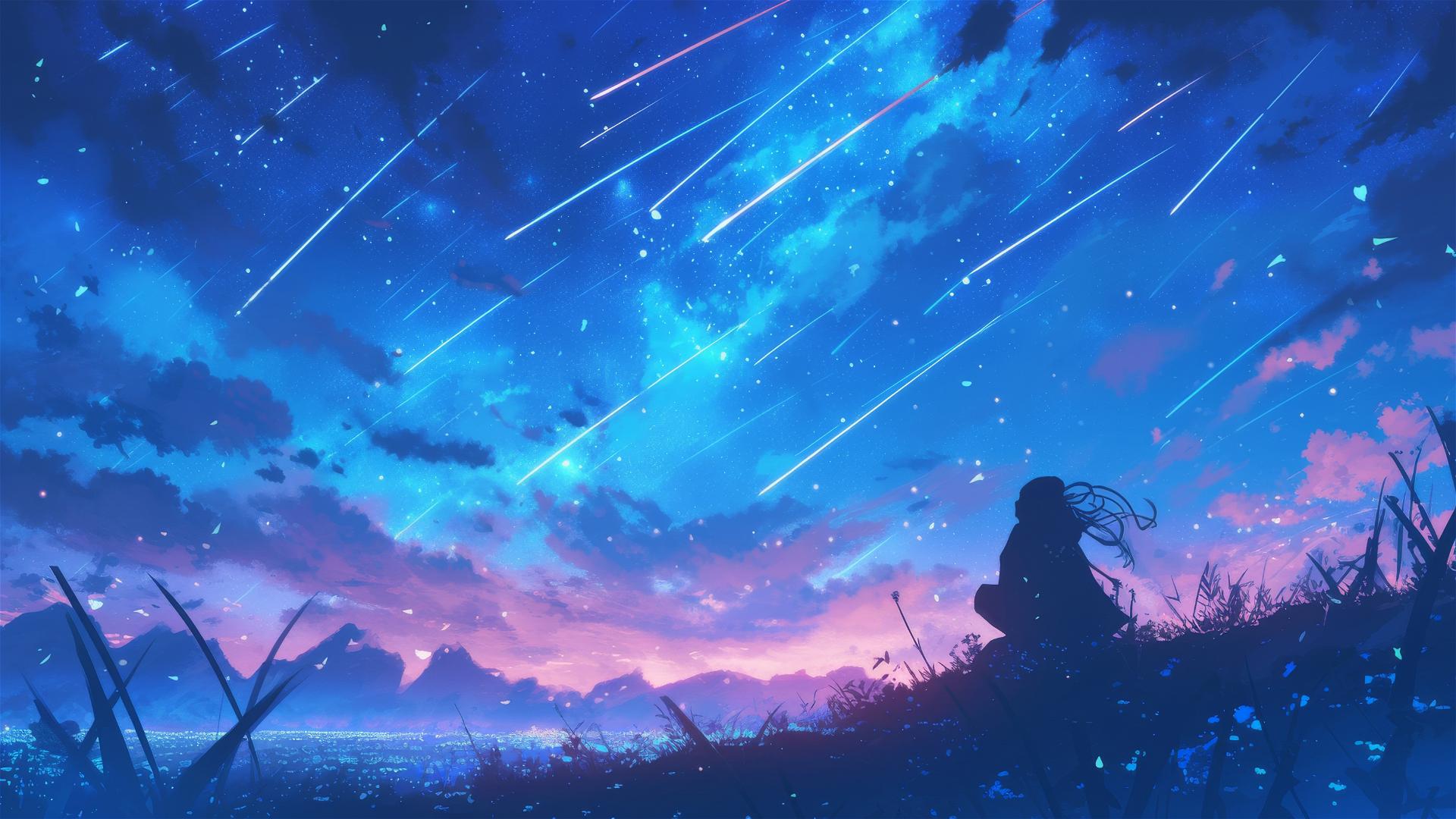 Silent hilltops with shooting stars and glowing grass