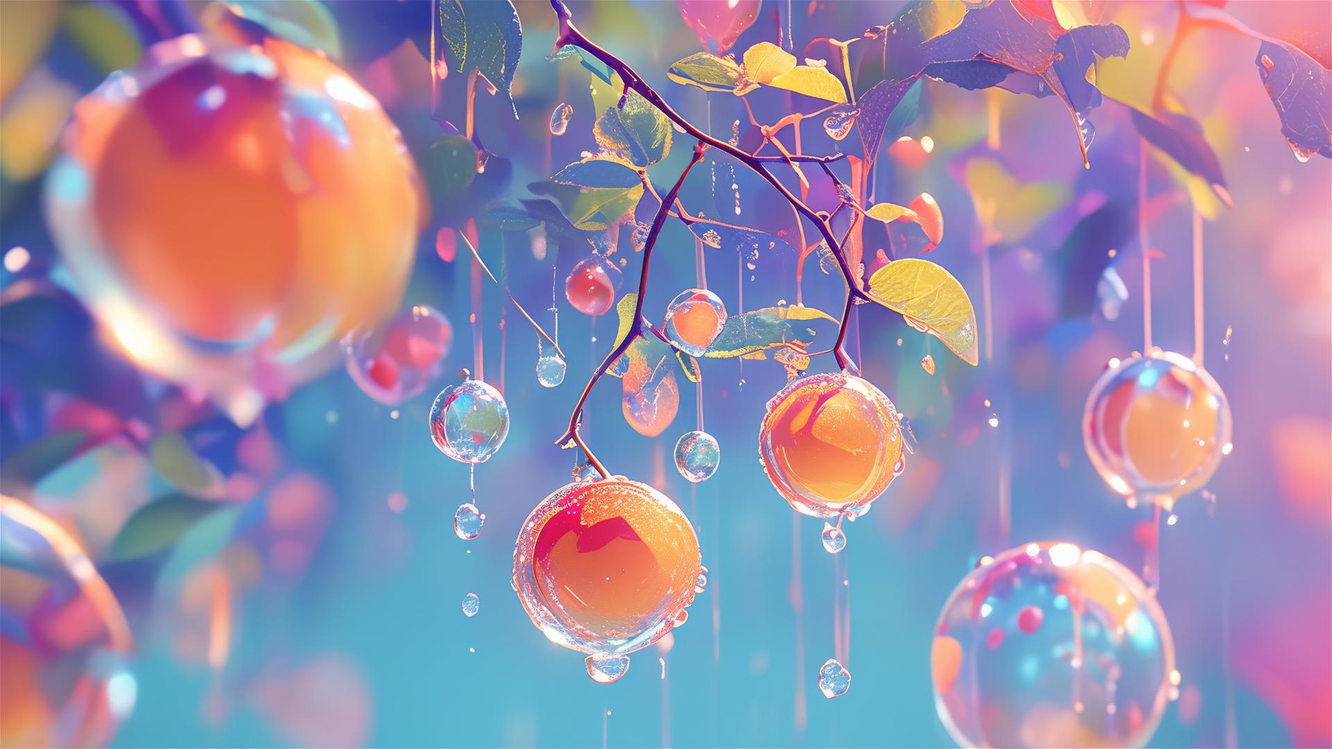Holographic rain with fruit-like droplets in an old orchard