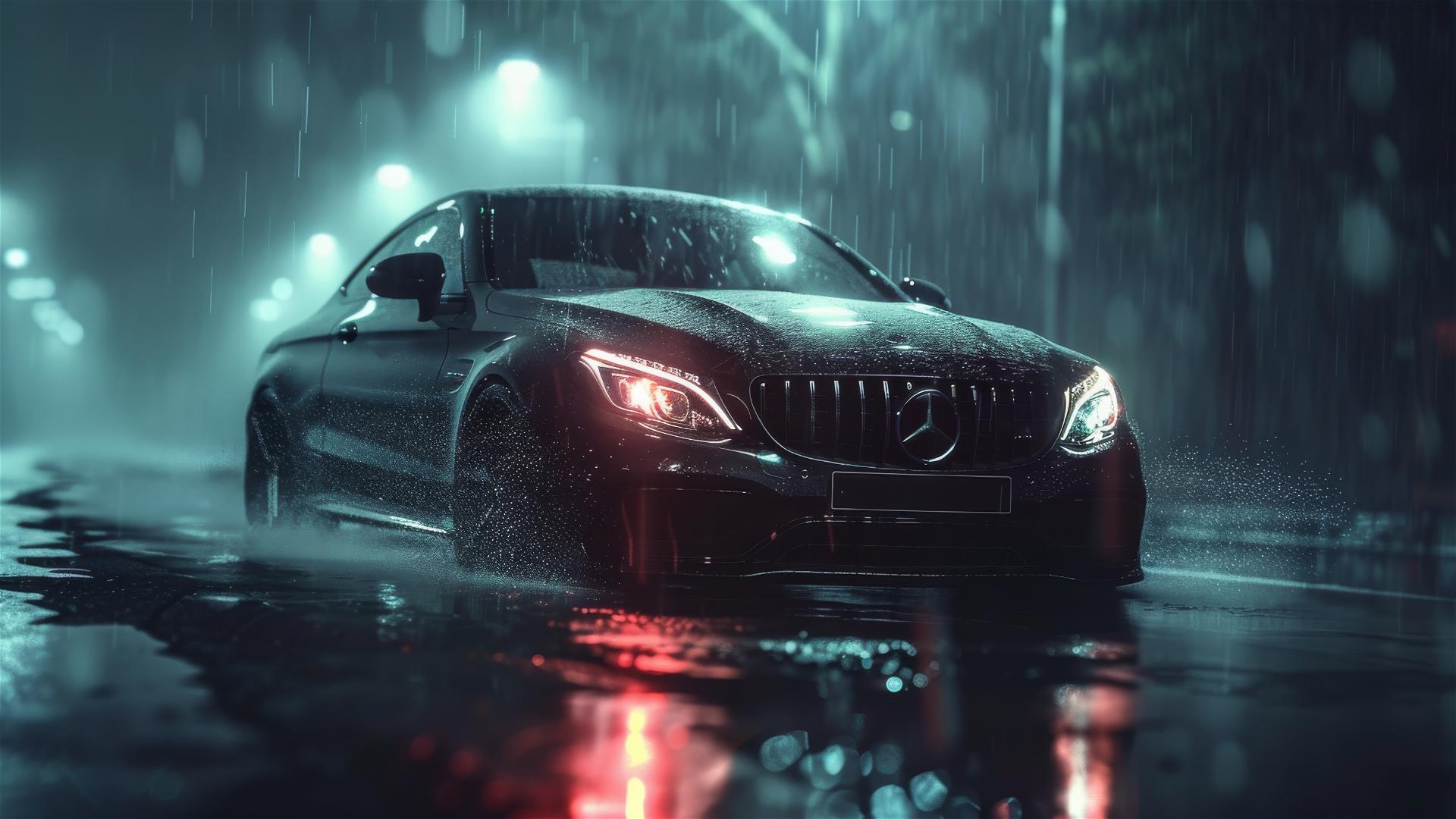 Closeup view of a Mercedes-Benz C-Class in dim, gothic gloomy lighting with foggy, photorealistic detail in 8K smooth