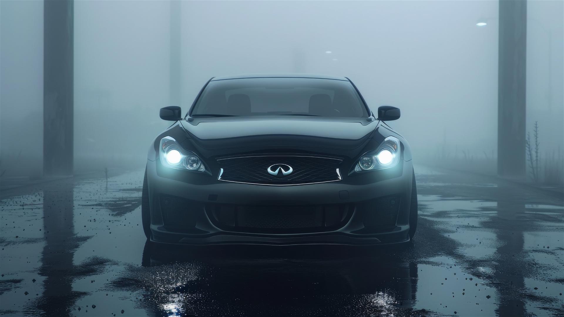 Closeup view of an Infiniti G37 in dim lighting, styled with a gothic gloomy aesthetic, surrounded by fog, rendered in 8K smooth and photorealistic details