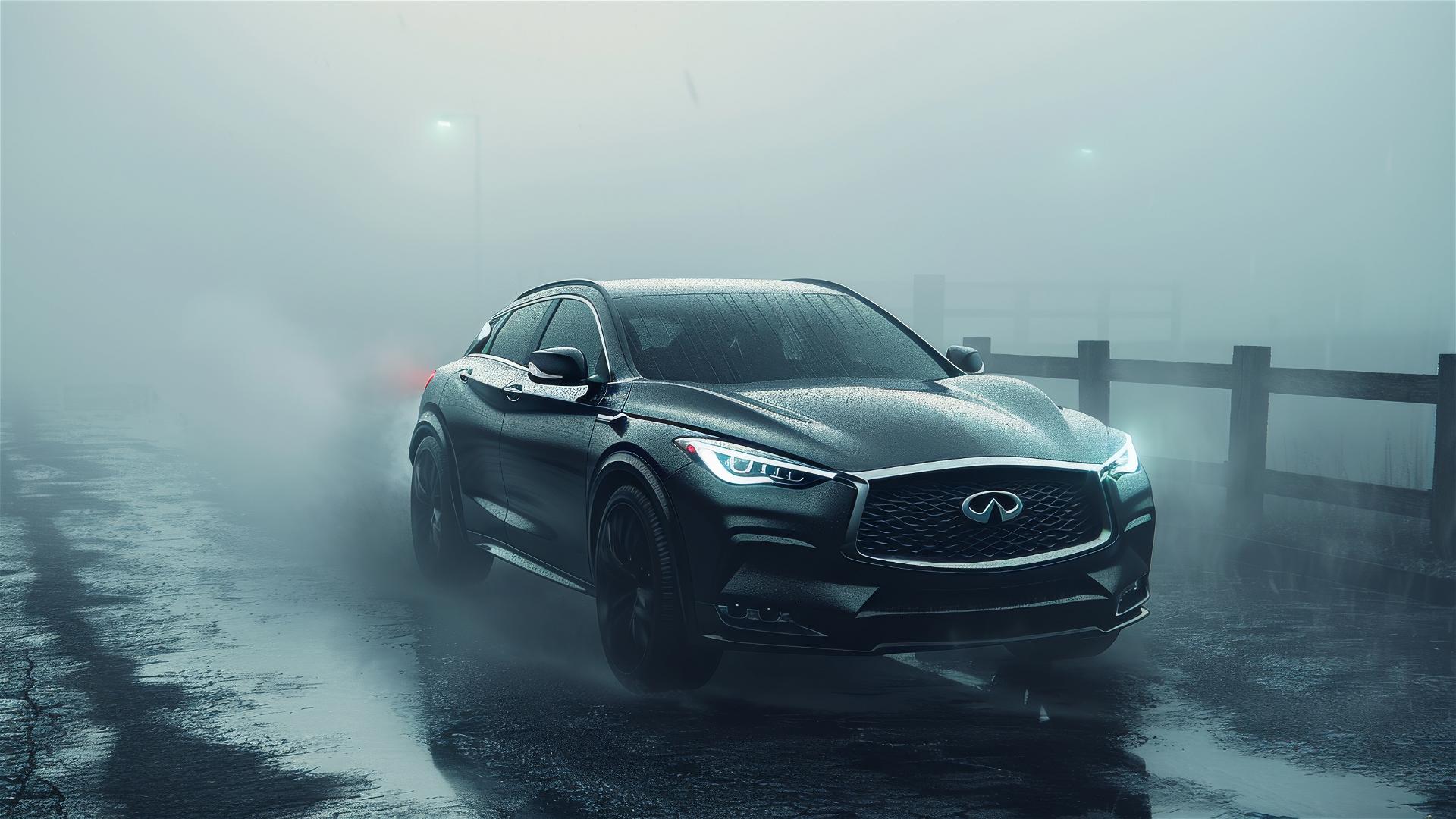 Closeup view of Infiniti QX30 in dim, foggy and Gothic gloomy lighting, 8k smooth and photorealistic