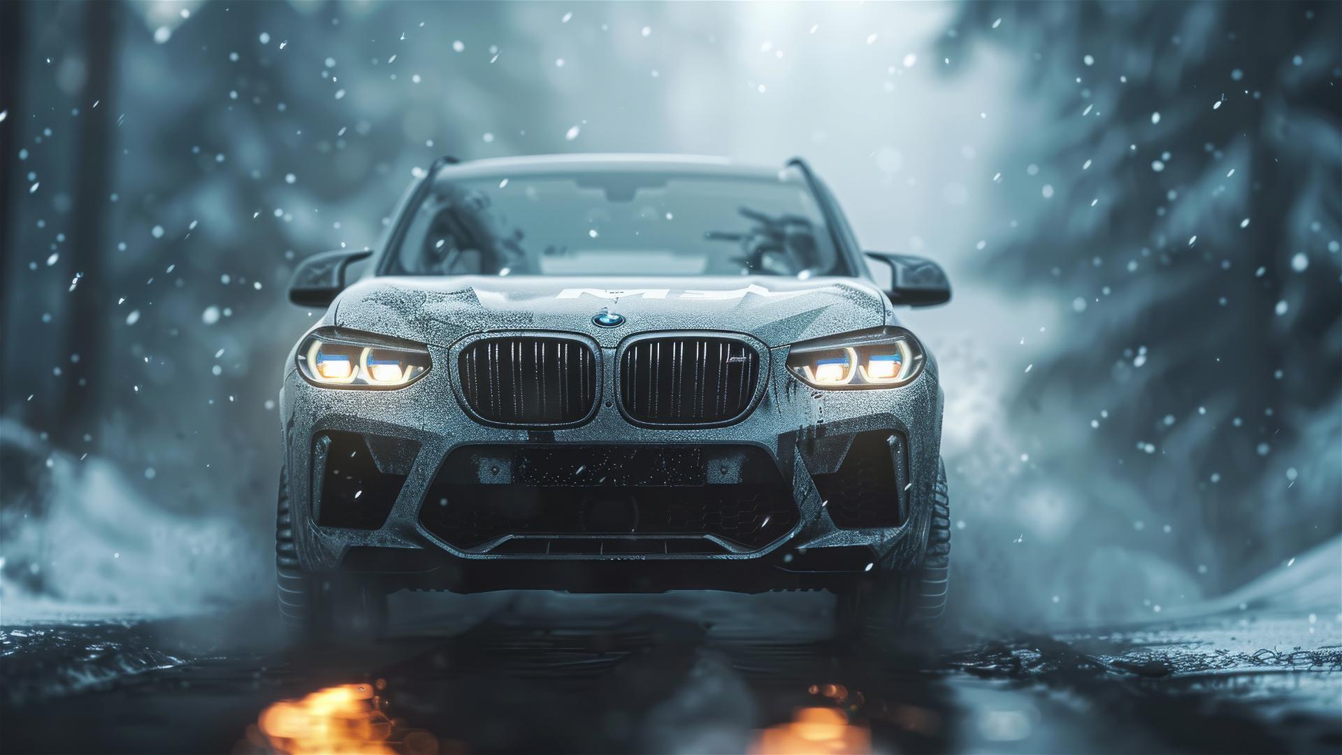 BMW X3 in a gothic gloomy setting with dim lighting and fog